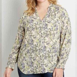 Maurices Floral Print Button Down Ruffle Neck Blouse Top 2X